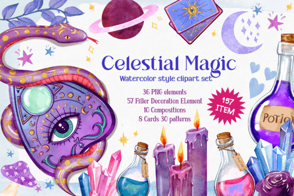 Celestial Magic Clipart Patterns Set: Elevating Creativity with Mystical Watercolor Illustrations