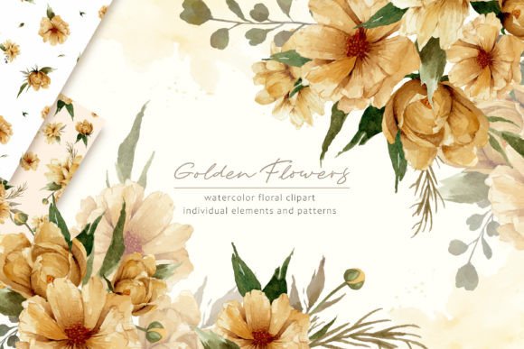 Watercolor Golden Flowers Elements: A Versatile Decorative Resource for Creative Projects